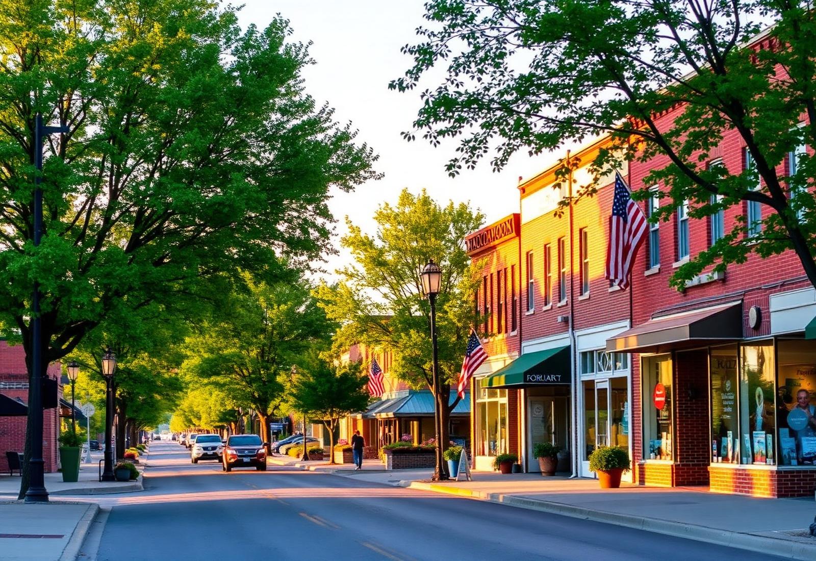 A charming Northwest Ohio main street at golden hour